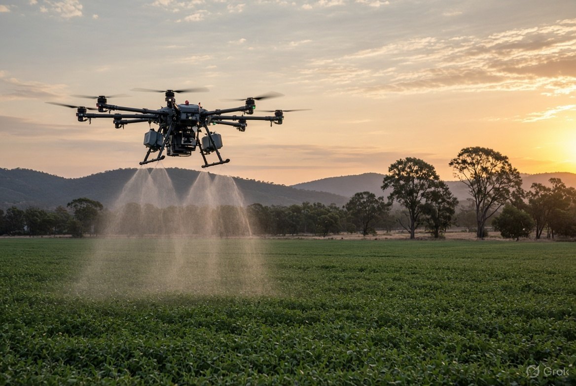 Industrial agricultural drone spraying a crop